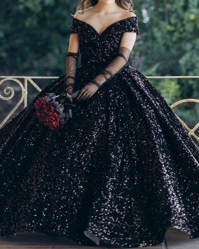 Black Sequin Party Wear Long Dress With Slit - Artyska